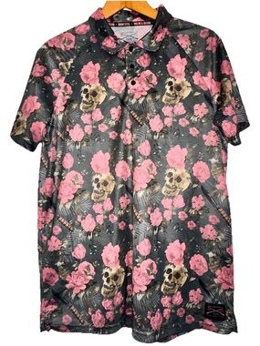 Grunt Style Men’s XL Polo Shirt Performance Flowers Skulls Knives Grenades Tough